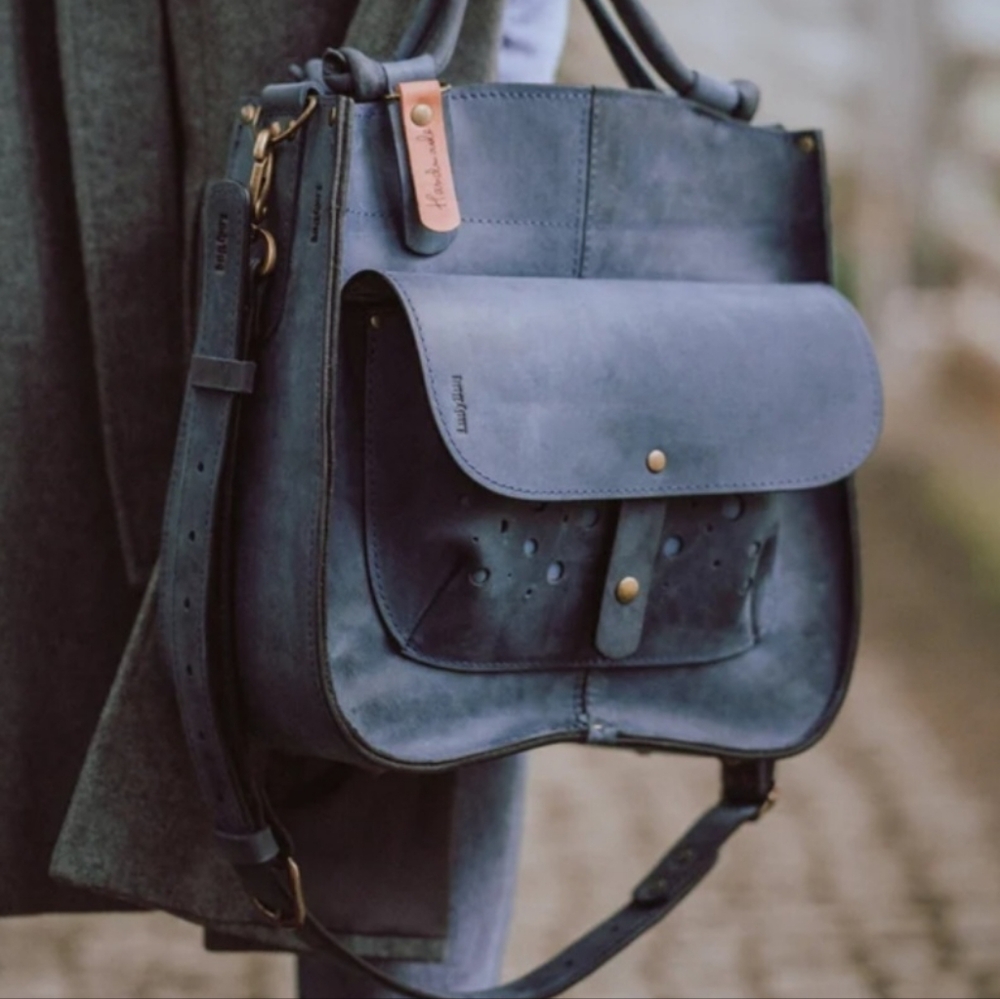 LadybuQ Art Handmade Boho Hobo Tote – Slate Blue Full Grain Leather